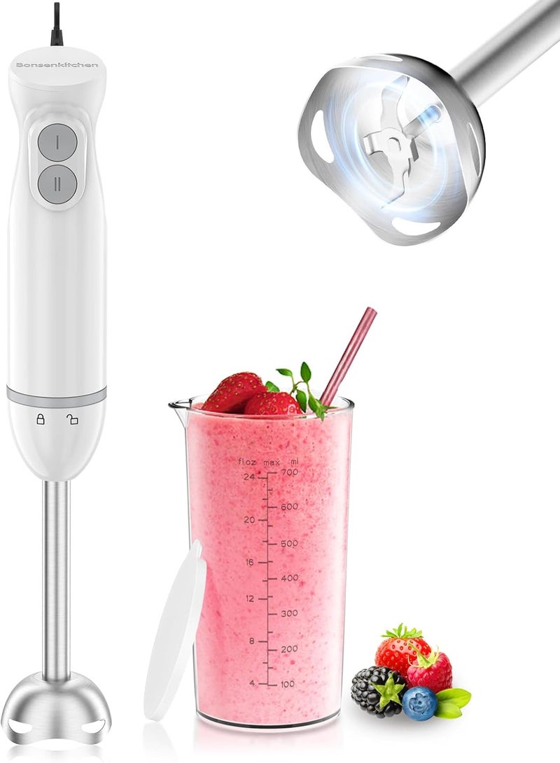 Bonsenkitchen Hand Blender, Immersion Blender with 2 Mixing Speed, 2-In-1 Hand Held Stick Mixer with Beaker for Soups, Smoothies, Sauce, White - Image 1